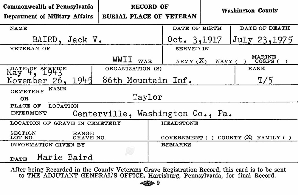 veteran burial card